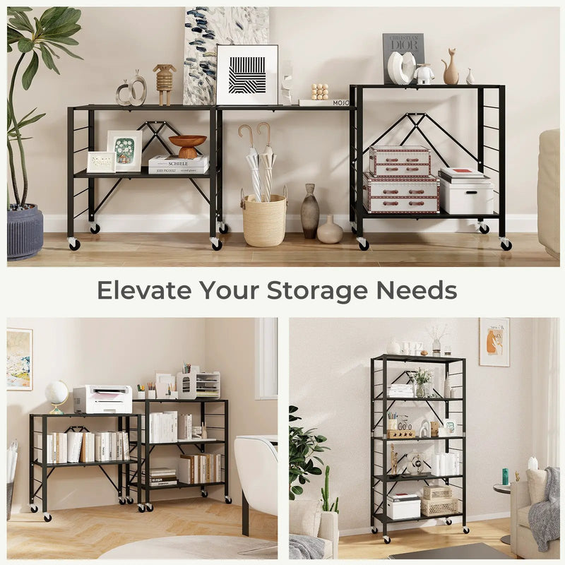 5-Tier Foldable Storage Shelf with Wheels-Black by DirectDeals