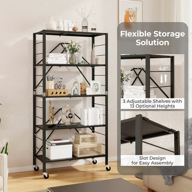 5-Tier Foldable Storage Shelf with Wheels-Black by DirectDeals