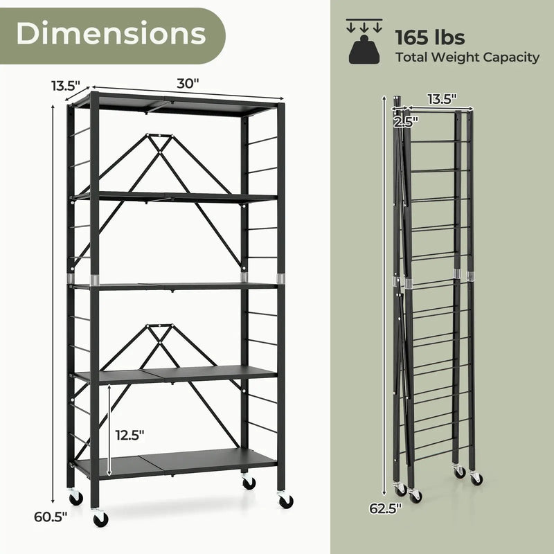 5-Tier Foldable Storage Shelf with Wheels-Black by DirectDeals