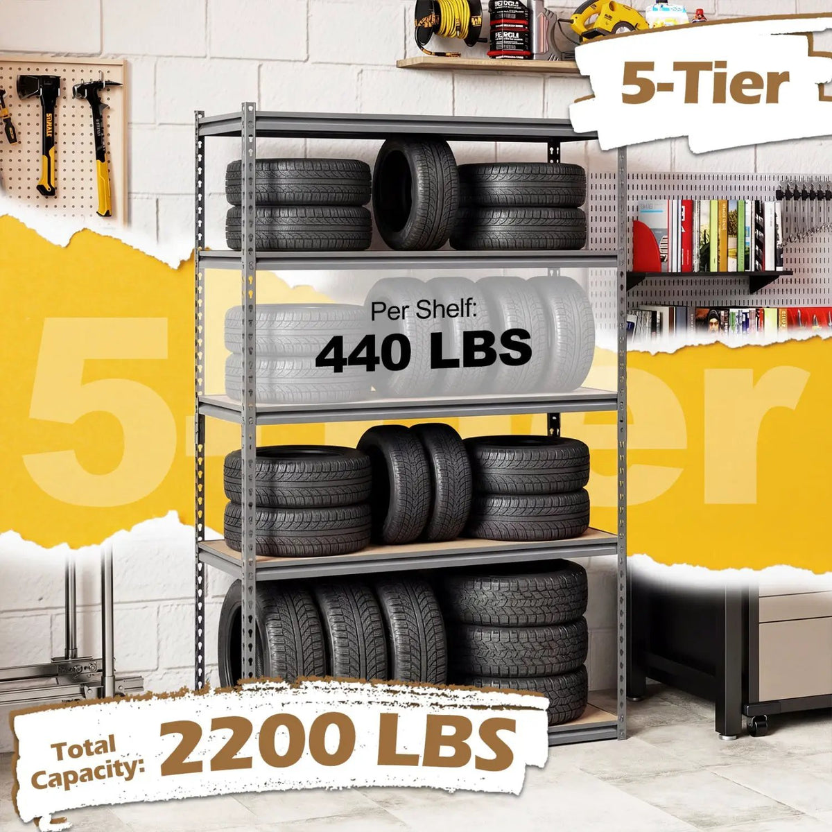 5-Tier Garage Shelving Unit 2200 LBS Metal Storage Shelves Adjustable Utility Rack for Warehouse, photo 16 of 32
