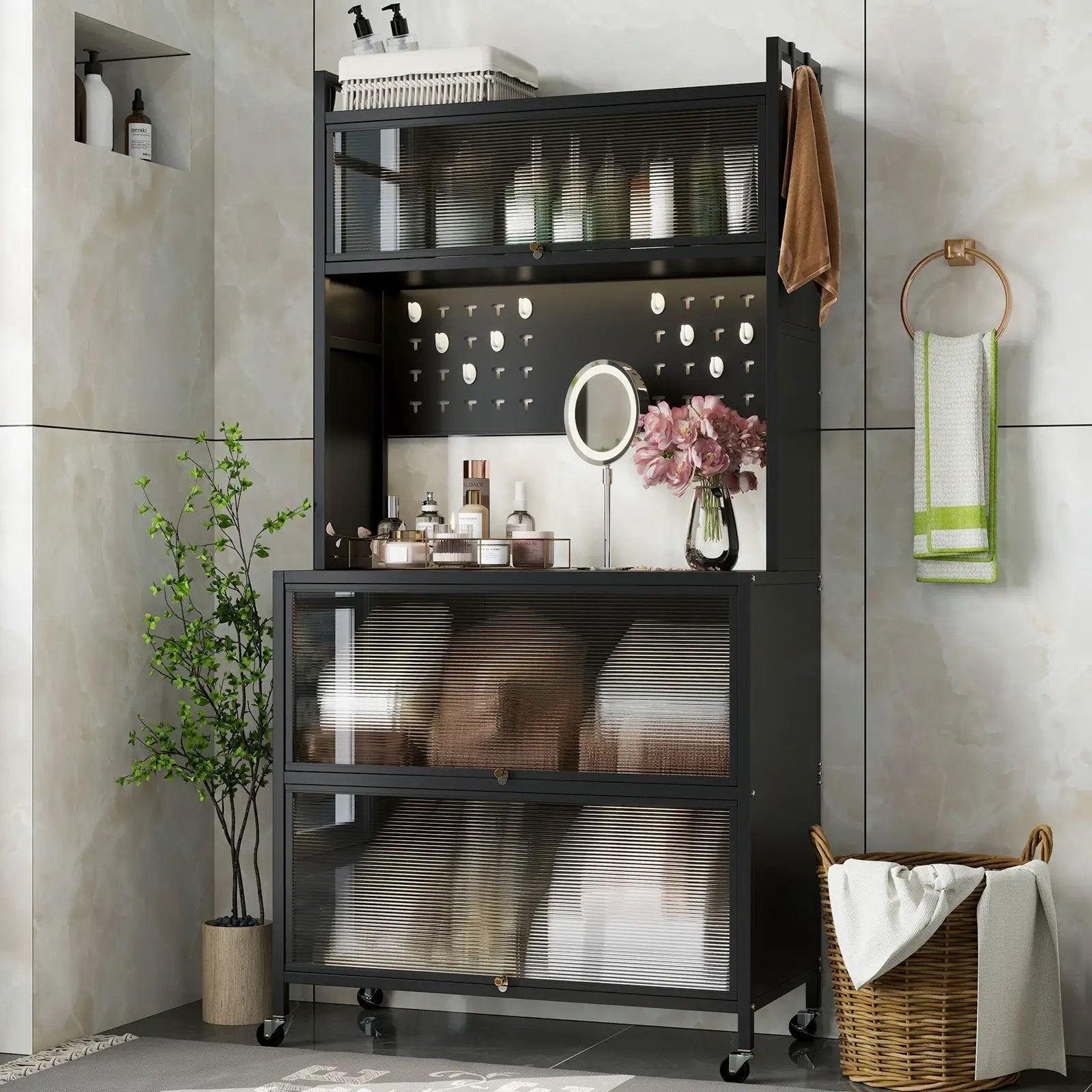 5 Tier Kitchen Bakers Rack with Lights Multifunctional Microwave Stand with Flip Door Cabinets by DirectDeals