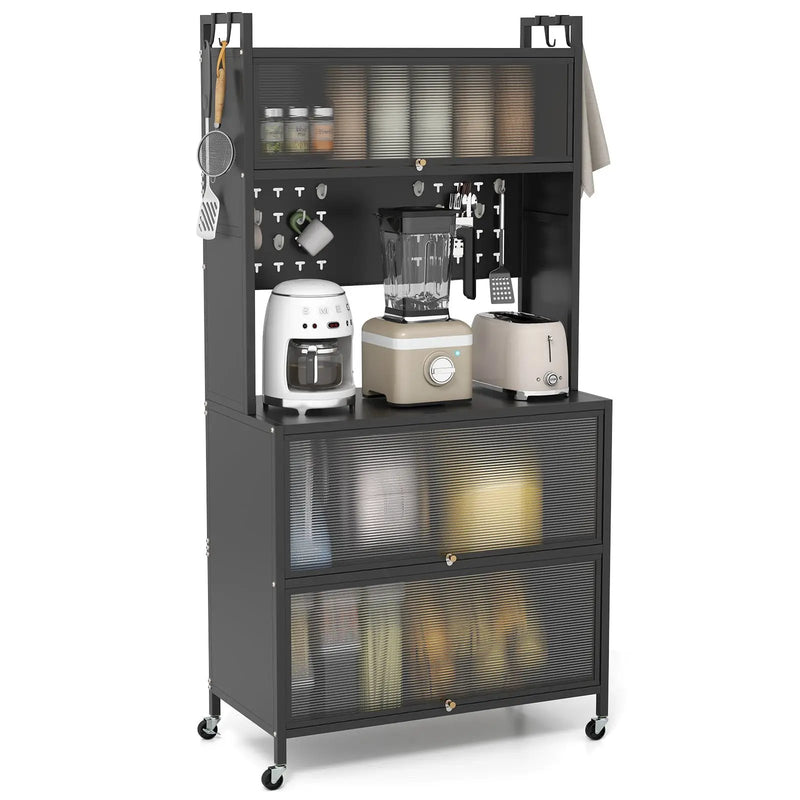 5 Tier Kitchen Bakers Rack with Lights Multifunctional Microwave Stand with Flip Door Cabinets by DirectDeals