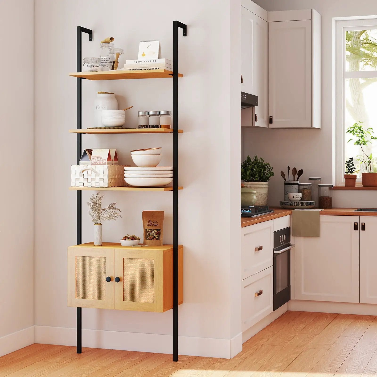 5-Tier Ladder Bookcase with Rattan Cabinet and Metal Frame-Natural by DirectDeals