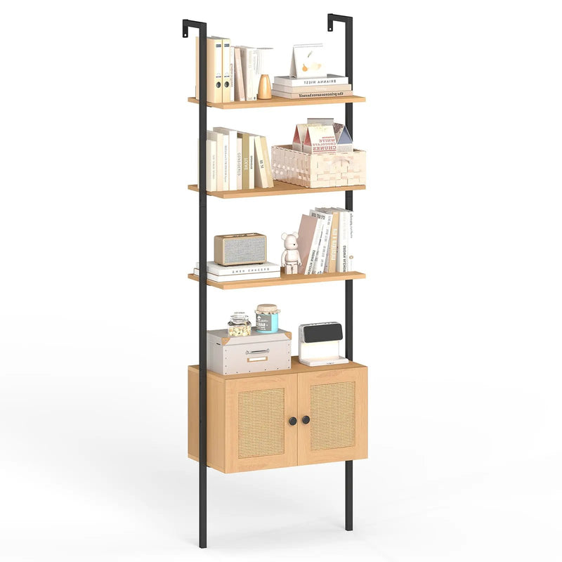 5-Tier Ladder Bookcase with Rattan Cabinet and Metal Frame-Natural by DirectDeals