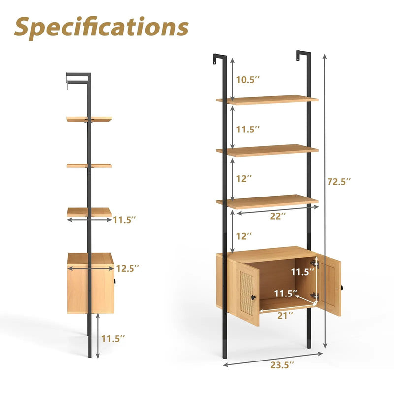 5-Tier Ladder Bookcase with Rattan Cabinet and Metal Frame-Natural by DirectDeals