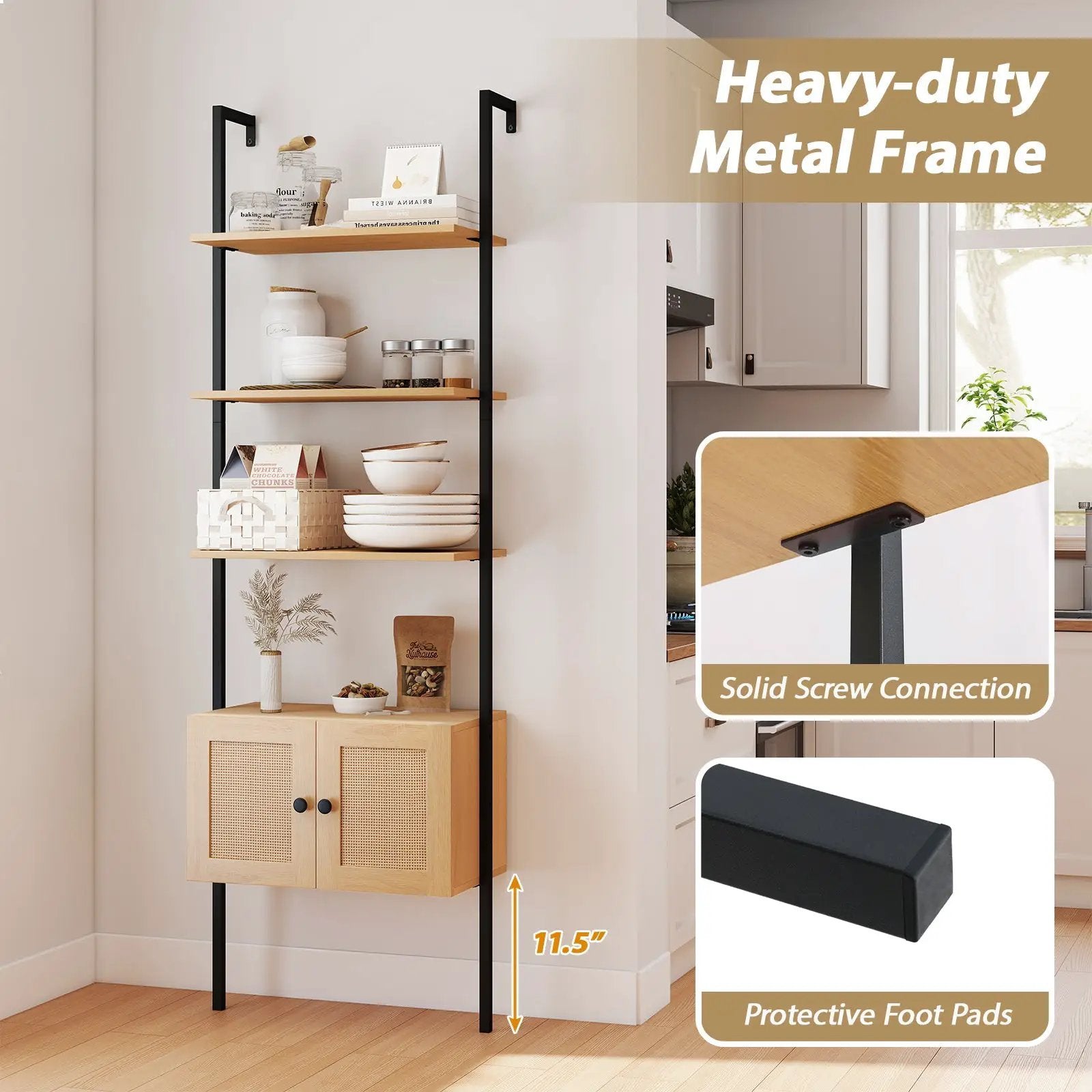 5-Tier Ladder Bookcase with Rattan Cabinet and Metal Frame-Natural by DirectDeals