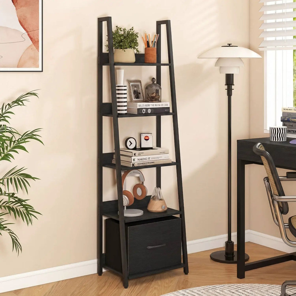 5-Tier Ladder Bookshelf with Fabric Drawer, photo 2 of 16