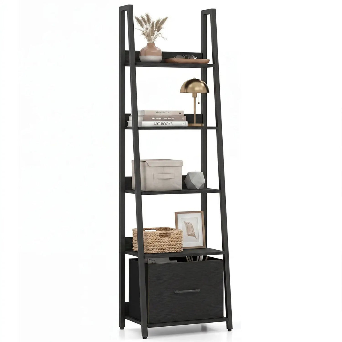 5-Tier Ladder Bookshelf with Fabric Drawer, photo 3 of 16