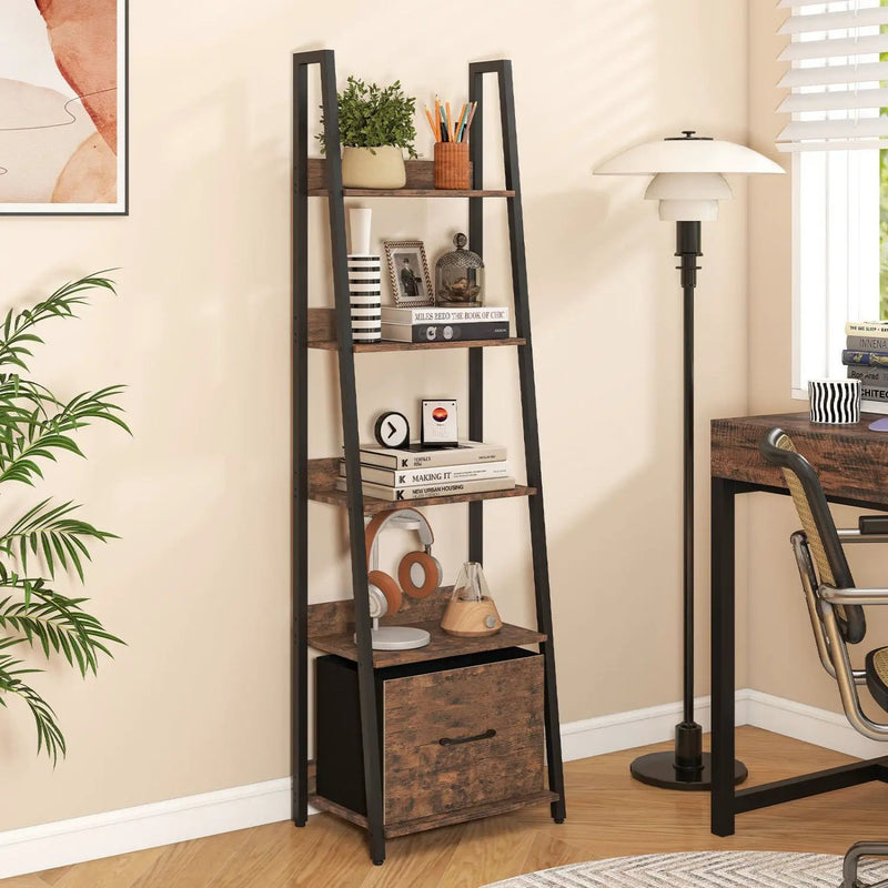 5-Tier Ladder Bookshelf with Fabric Drawer by DirectDeals
