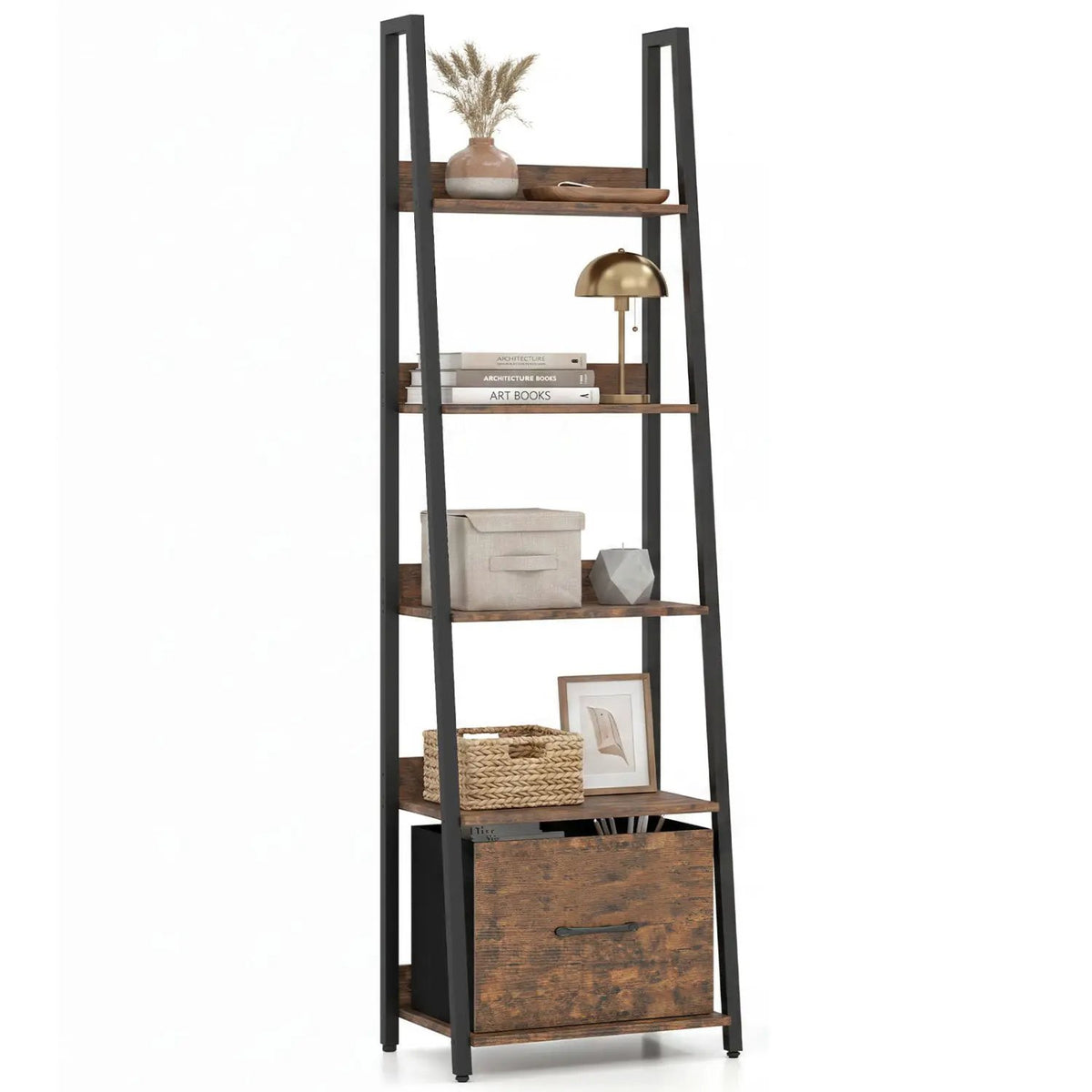 5-Tier Ladder Bookshelf with Fabric Drawer, photo 12 of 16