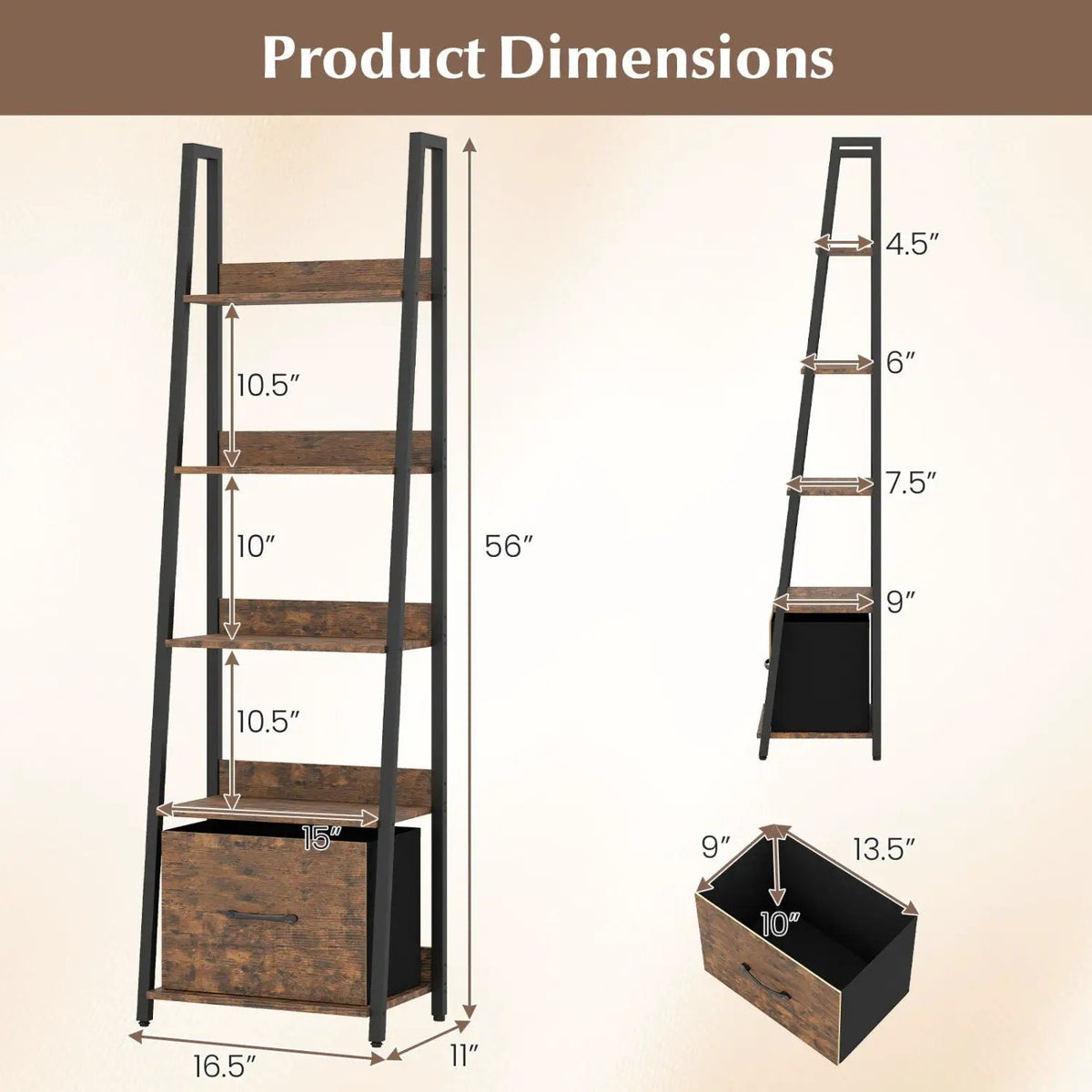 5-Tier Ladder Bookshelf with Fabric Drawer, photo 13 of 16