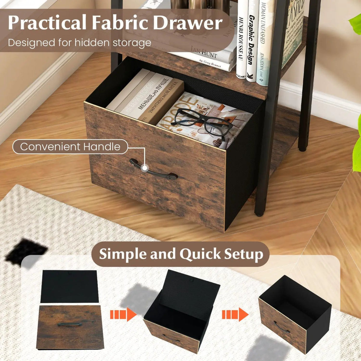 5-Tier Ladder Bookshelf with Fabric Drawer, photo 15 of 16