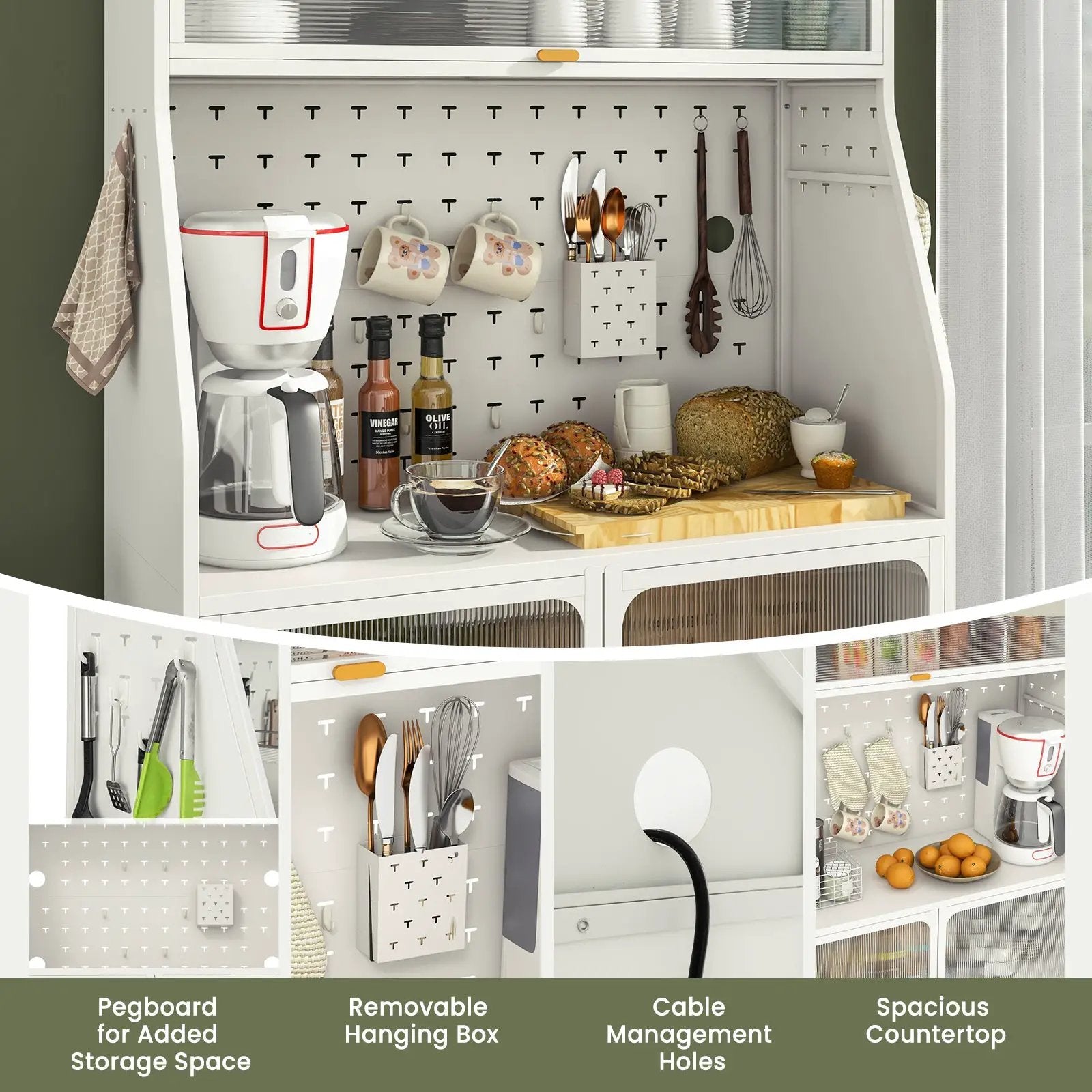 5-Tier Metal Baker's Rack with See-through Flip-up Door and Pegboard-White by DirectDeals