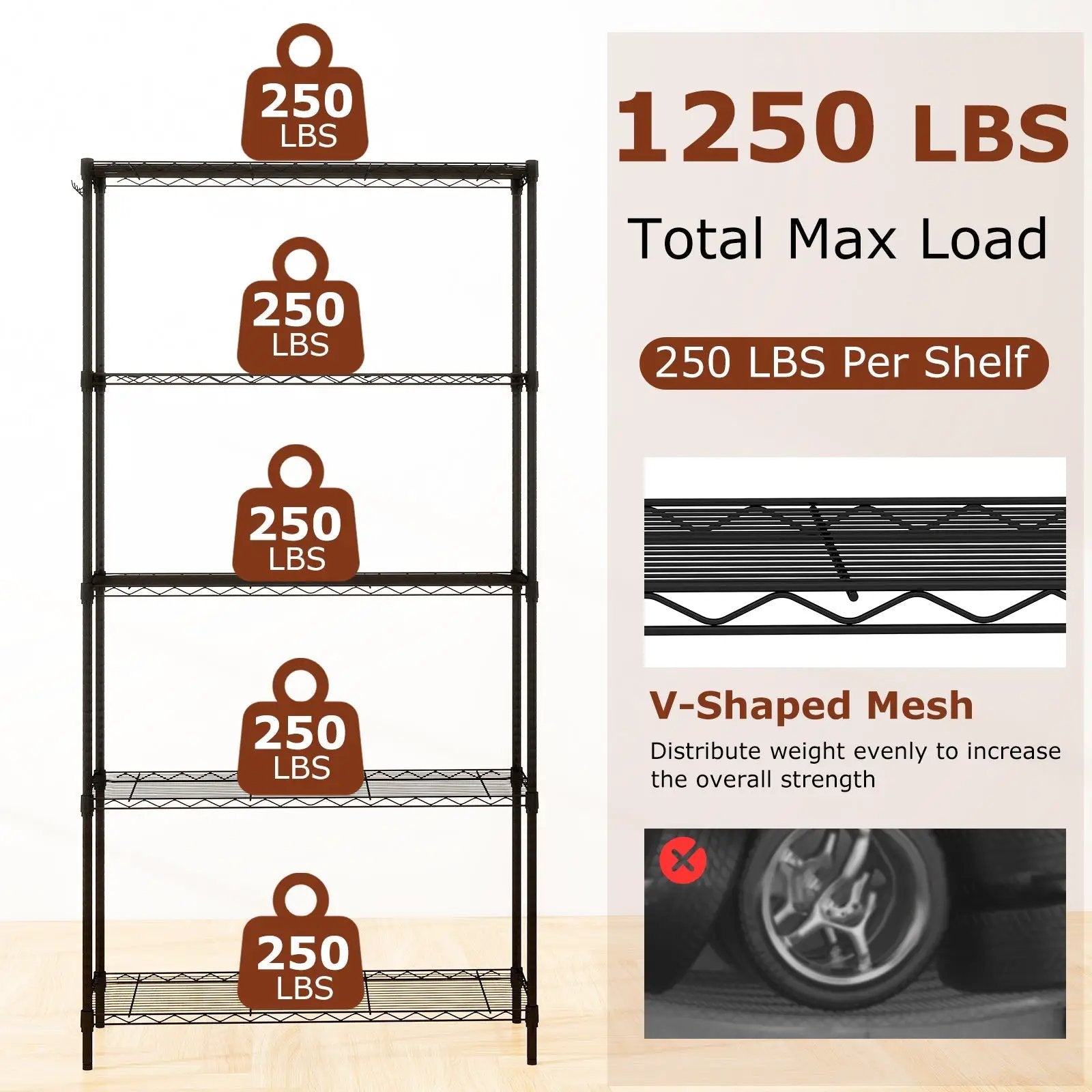 5-Tier Metal Storage Shelving Unit with V-Shaped Wire Rack and 1250 LBS Capacity-Black by DirectDeals
