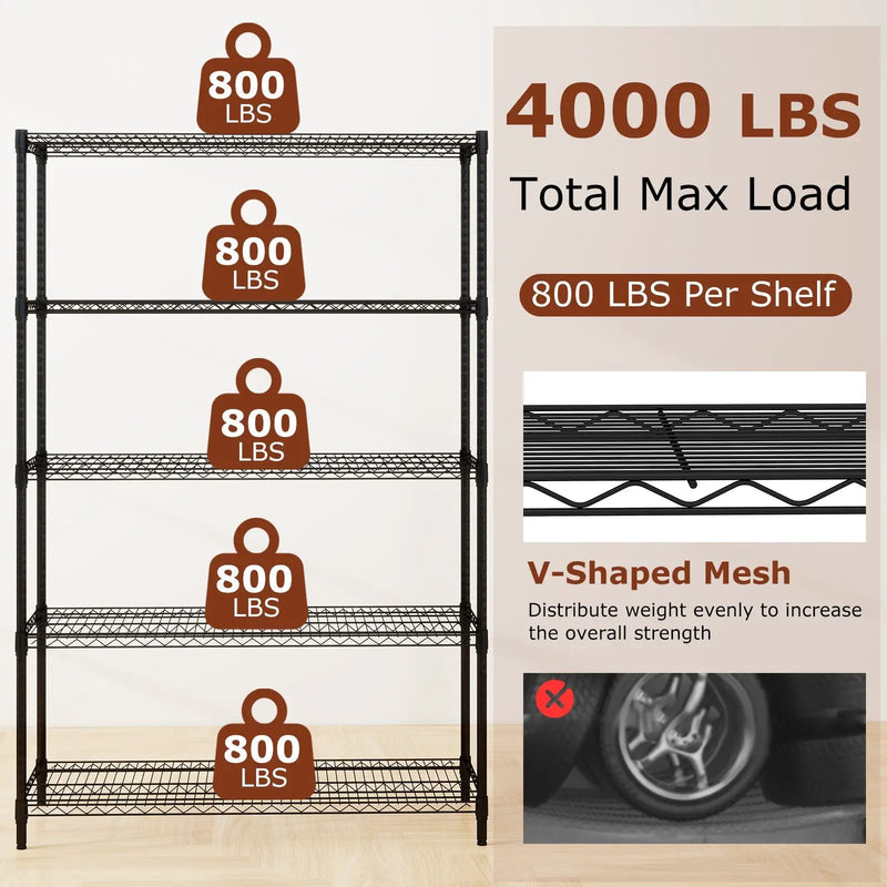 5-Tier Metal Storage Shelving Unit with V-Shaped Wire Rack-Black by DirectDeals