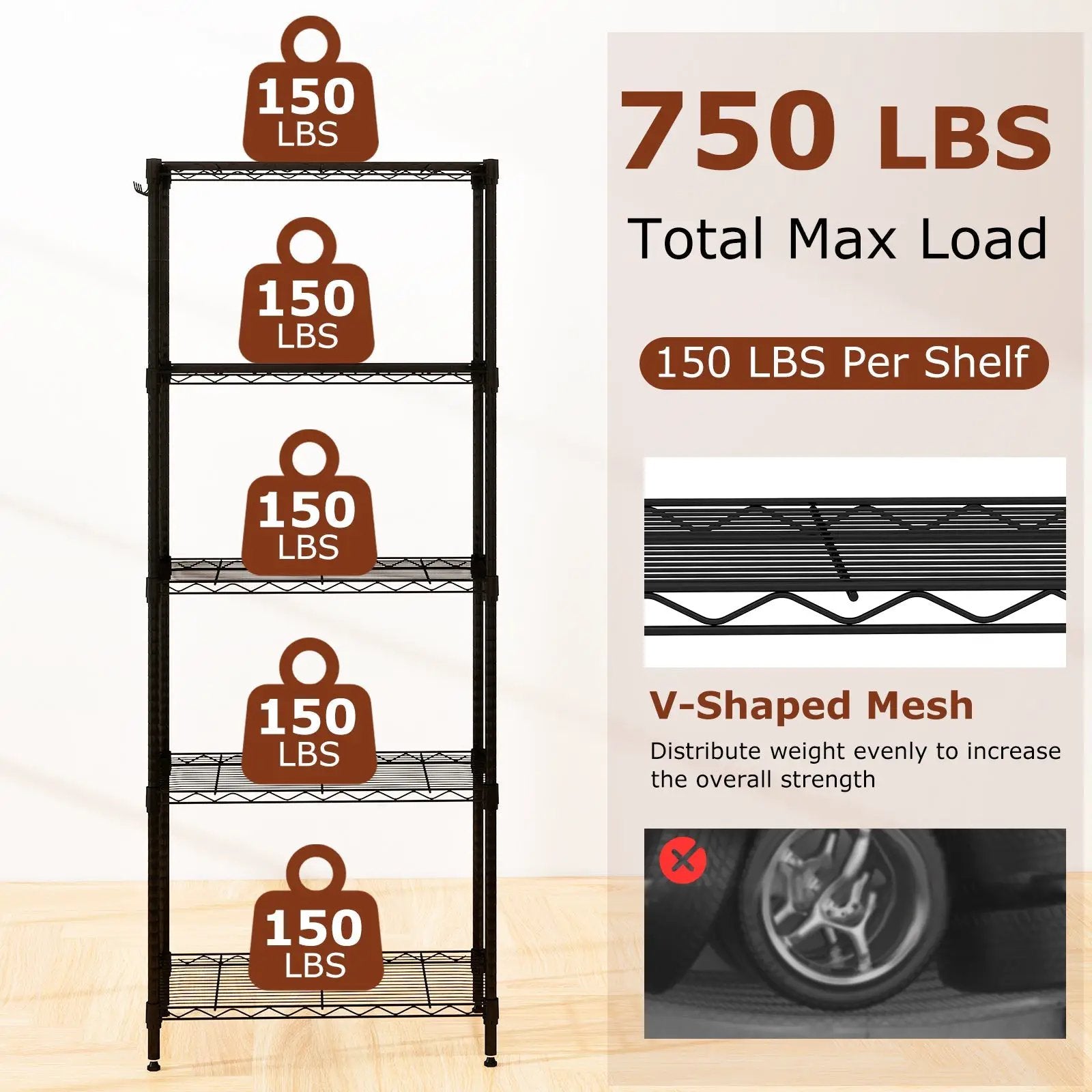 5-Tier Metal Storage Shelving Unit with V-Shaped Wire Rack and 750 LBS Capacity-Black by DirectDeals