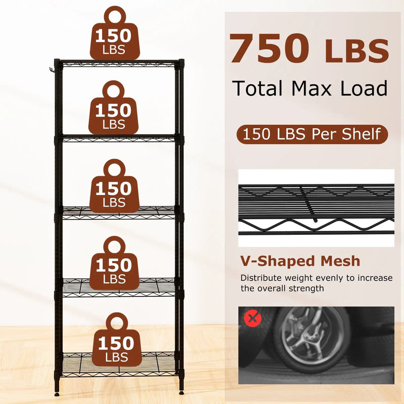 5-Tier Metal Storage Shelving Unit with V-Shaped Wire Rack and 750 LBS Capacity-Black by DirectDeals