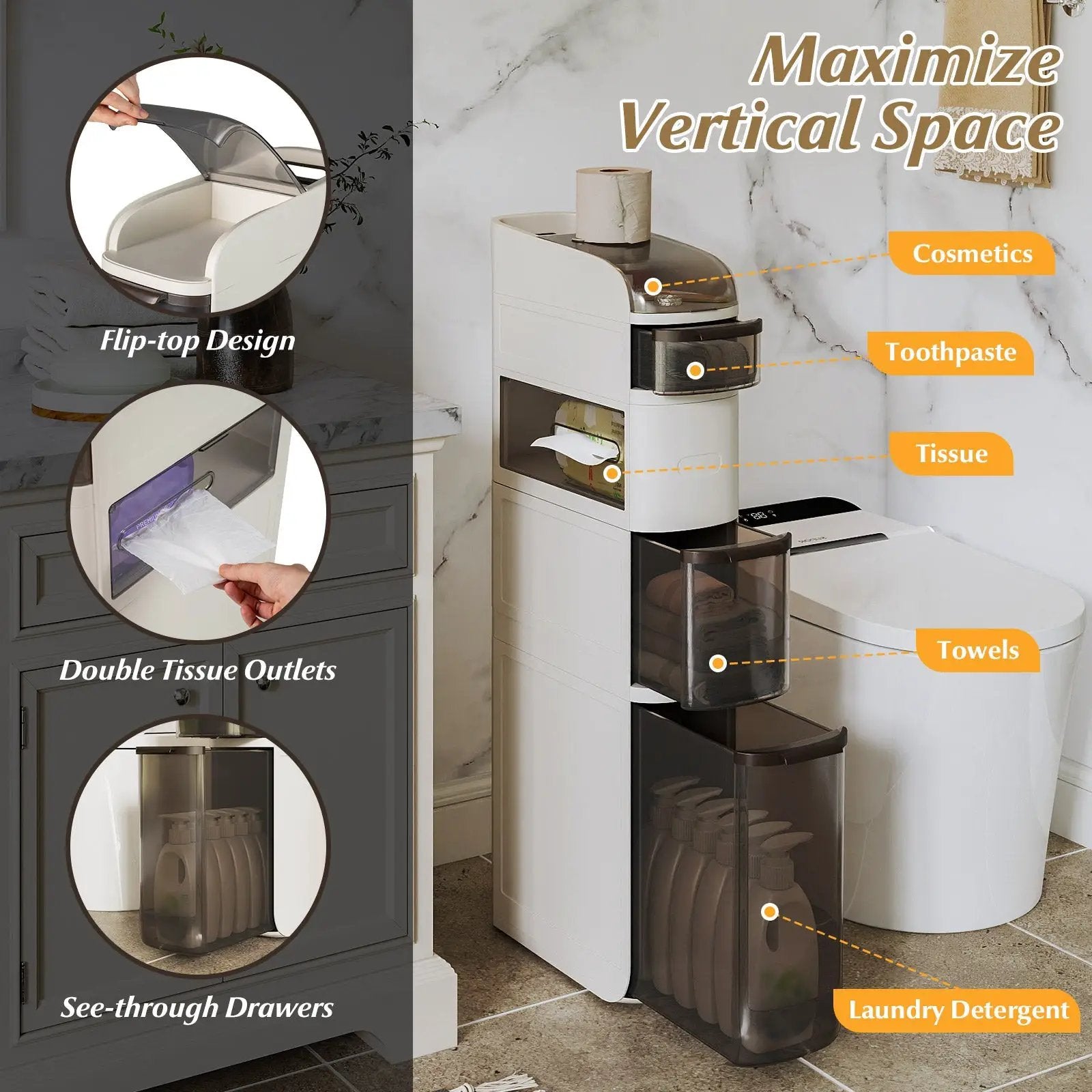 5-Tier Narrow Bathroom Storage Cabinet with Drawers and Tissue Box by DirectDeals