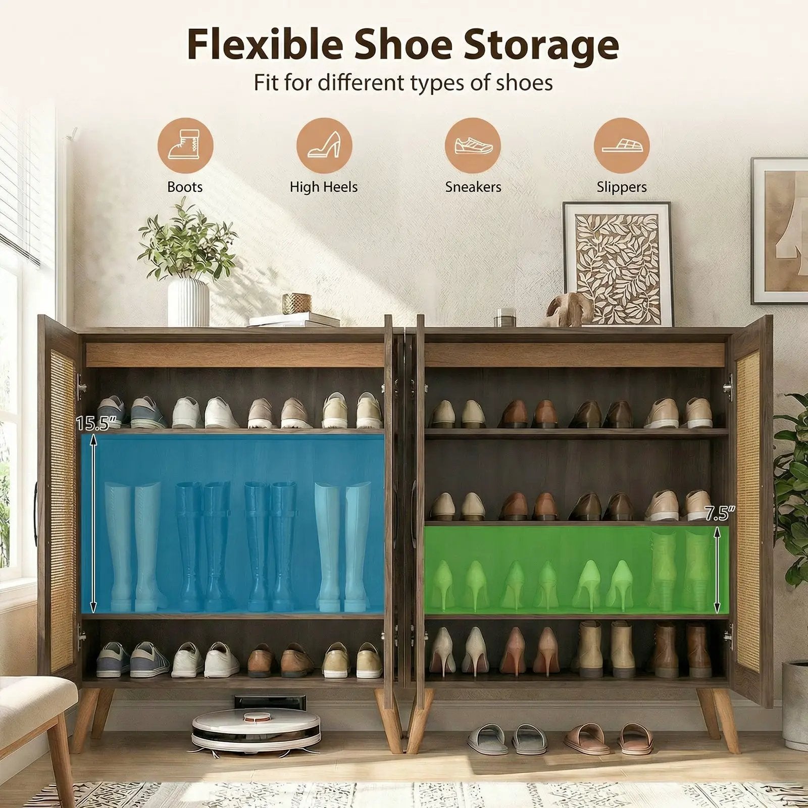 5-Tier Rattan Shoe Cabinewith 3 Removable Shelves by DirectDeals