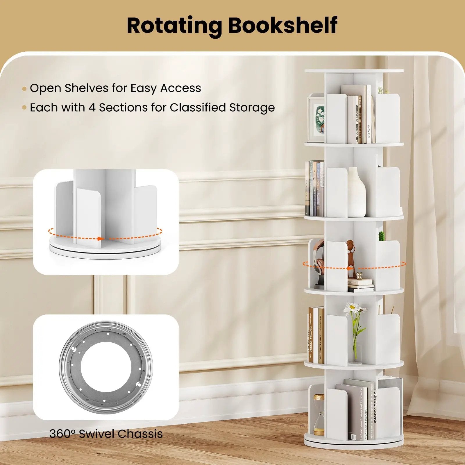 5-Tier Rotating Bookshelf 360¬∞ Display Rack with Dividers and Anti-falling Baffles by DirectDeals