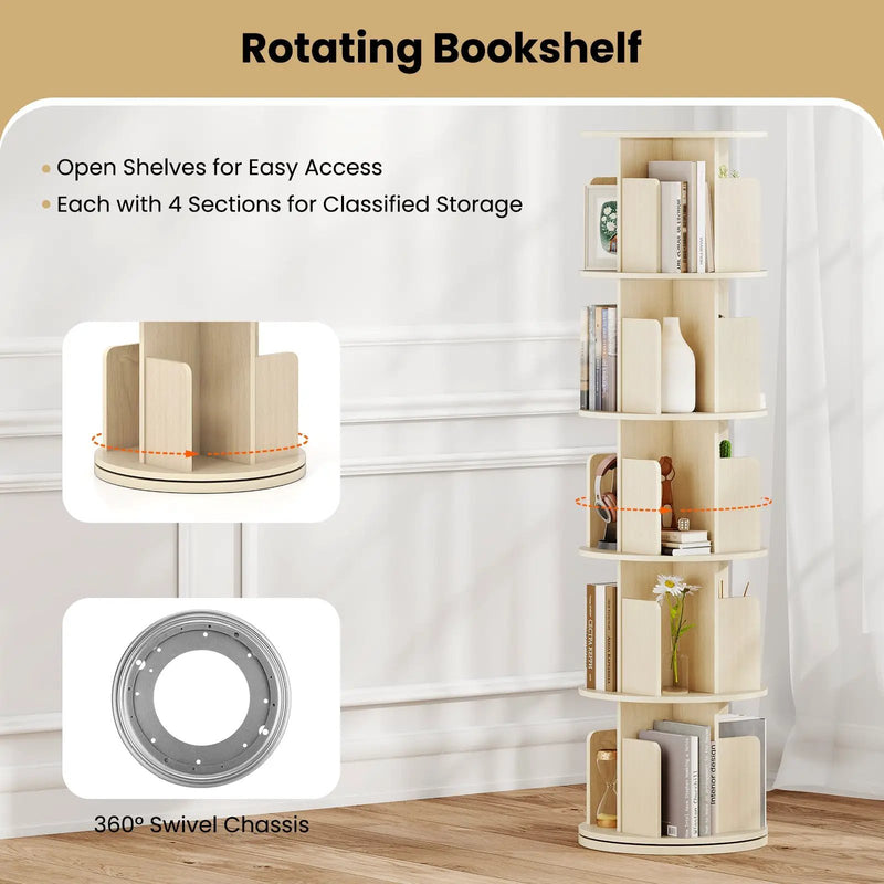 5-Tier Rotating Bookshelf 360¬∞ Display Rack with Dividers and Anti-falling Baffles by DirectDeals