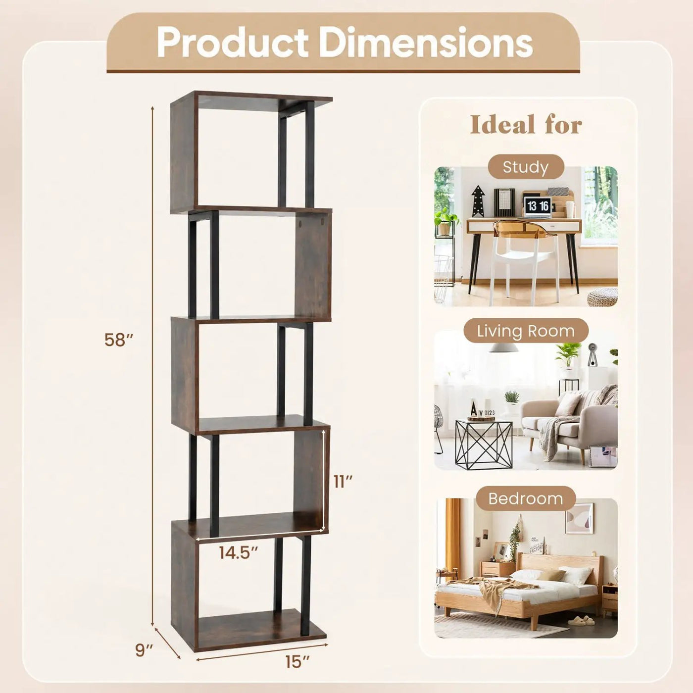5-Tier S-Shaped Bookshelf with Open Cubes & Anti-Tip Kit by DirectDeals