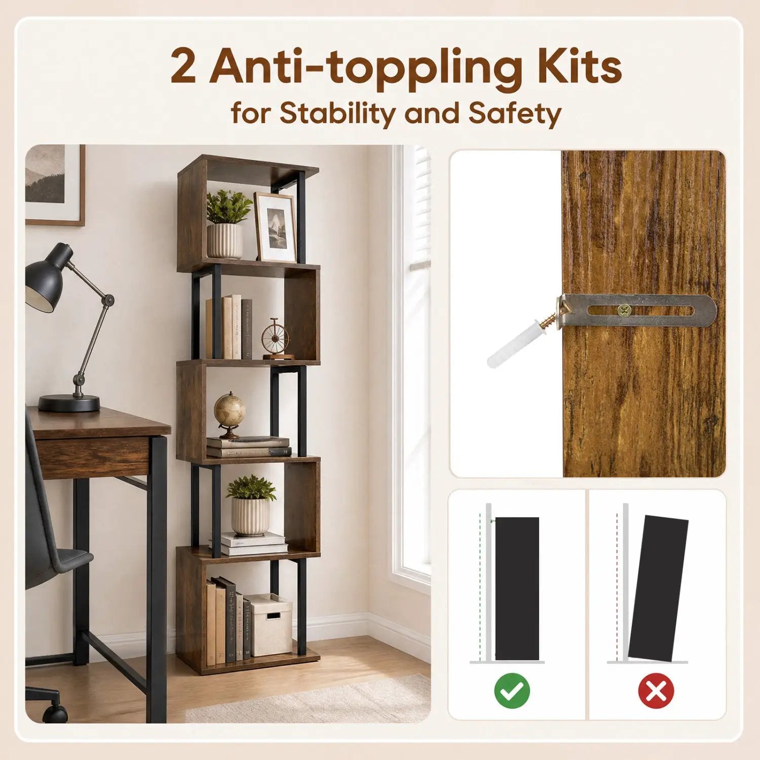 5-Tier S-Shaped Bookshelf with Open Cubes & Anti-Tip Kit by DirectDeals