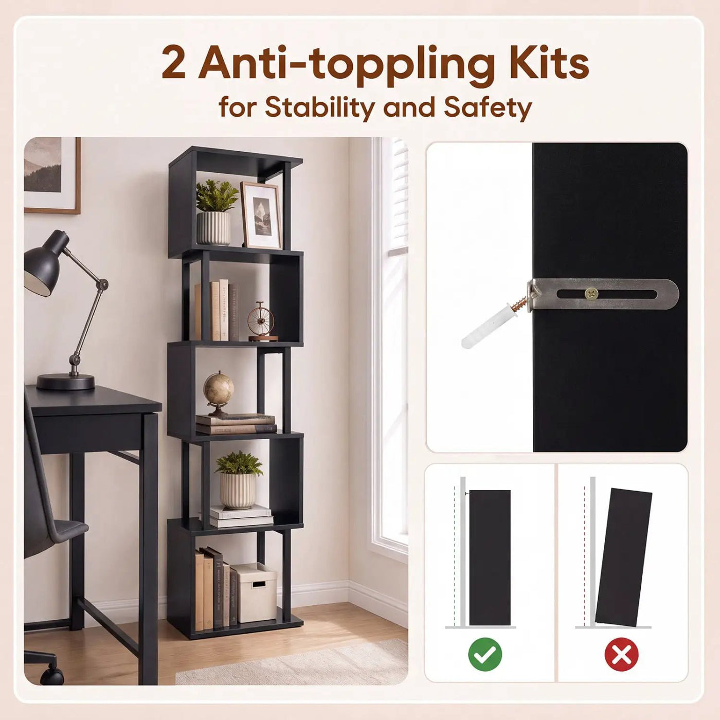 5-Tier S-Shaped Bookshelf with Open Cubes & Anti-Tip Kit by DirectDeals