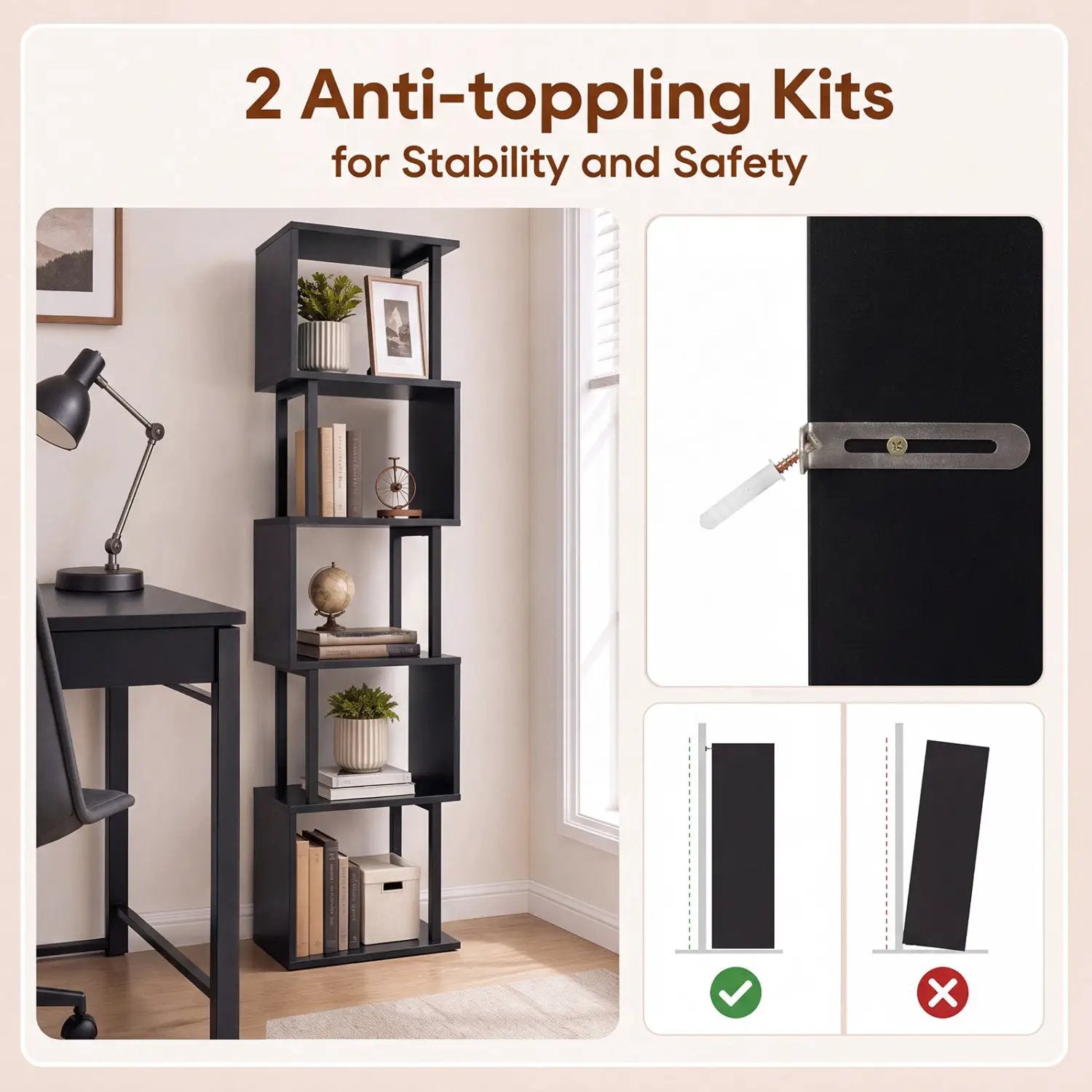 5-Tier S-Shaped Bookshelf with Open Cubes & Anti-Tip Kit by DirectDeals
