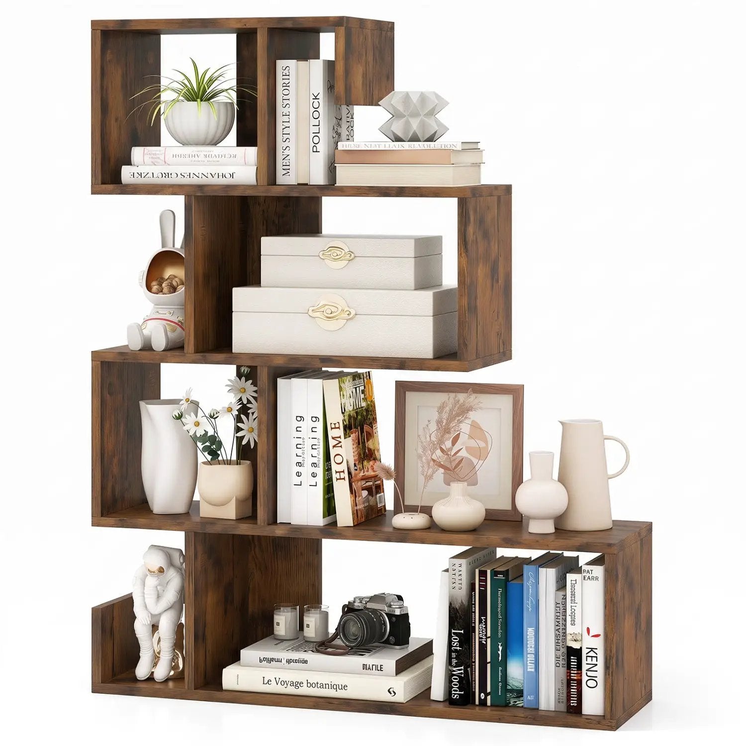 5-Tier S-Shaped Bookshelf with Open Cubes - Rustic Brown by DirectDeals