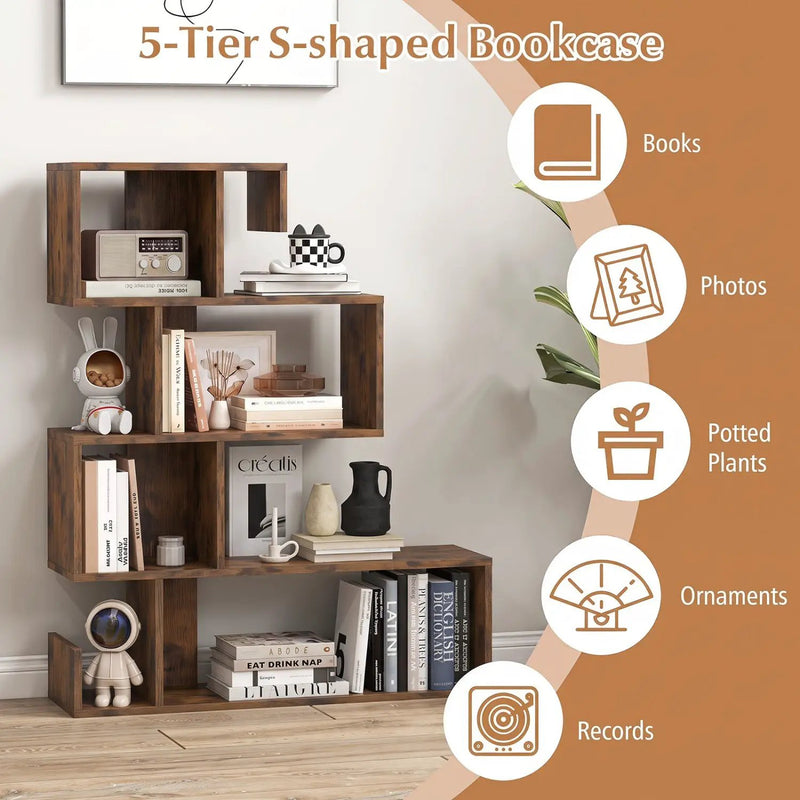 5-Tier S-Shaped Bookshelf with Open Cubes - Rustic Brown by DirectDeals