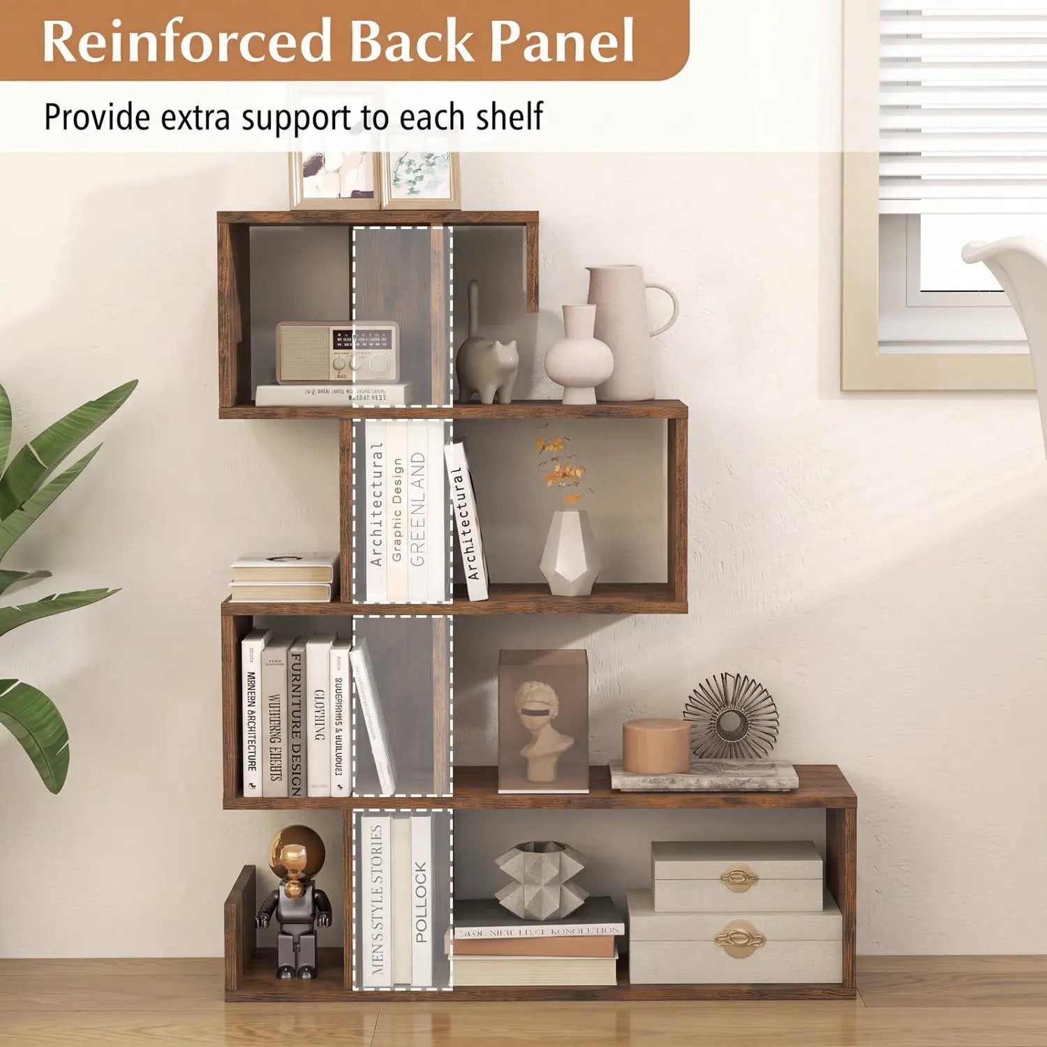 5-Tier S-Shaped Bookshelf with Open Cubes - Rustic Brown by DirectDeals