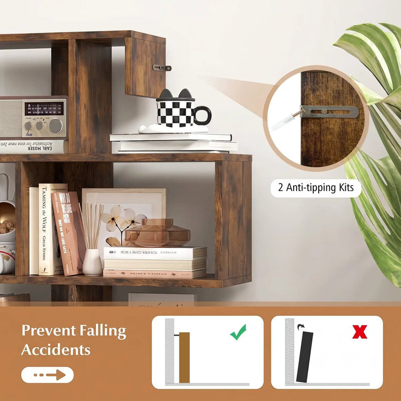 5-Tier S-Shaped Bookshelf with Open Cubes - Rustic Brown by DirectDeals