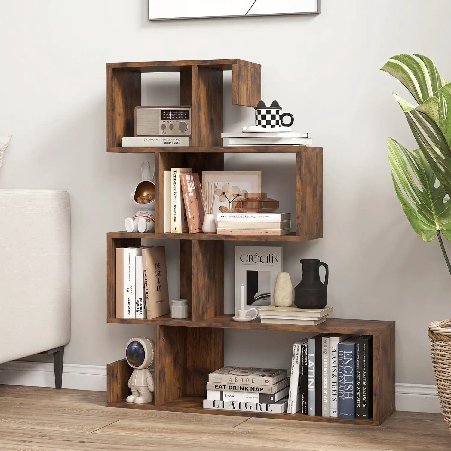 5-Tier S-Shaped Bookshelf with Open Cubes - Rustic Brown by DirectDeals