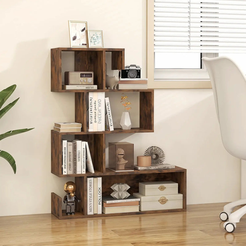 5-Tier S-Shaped Bookshelf with Open Cubes - Rustic Brown by DirectDeals