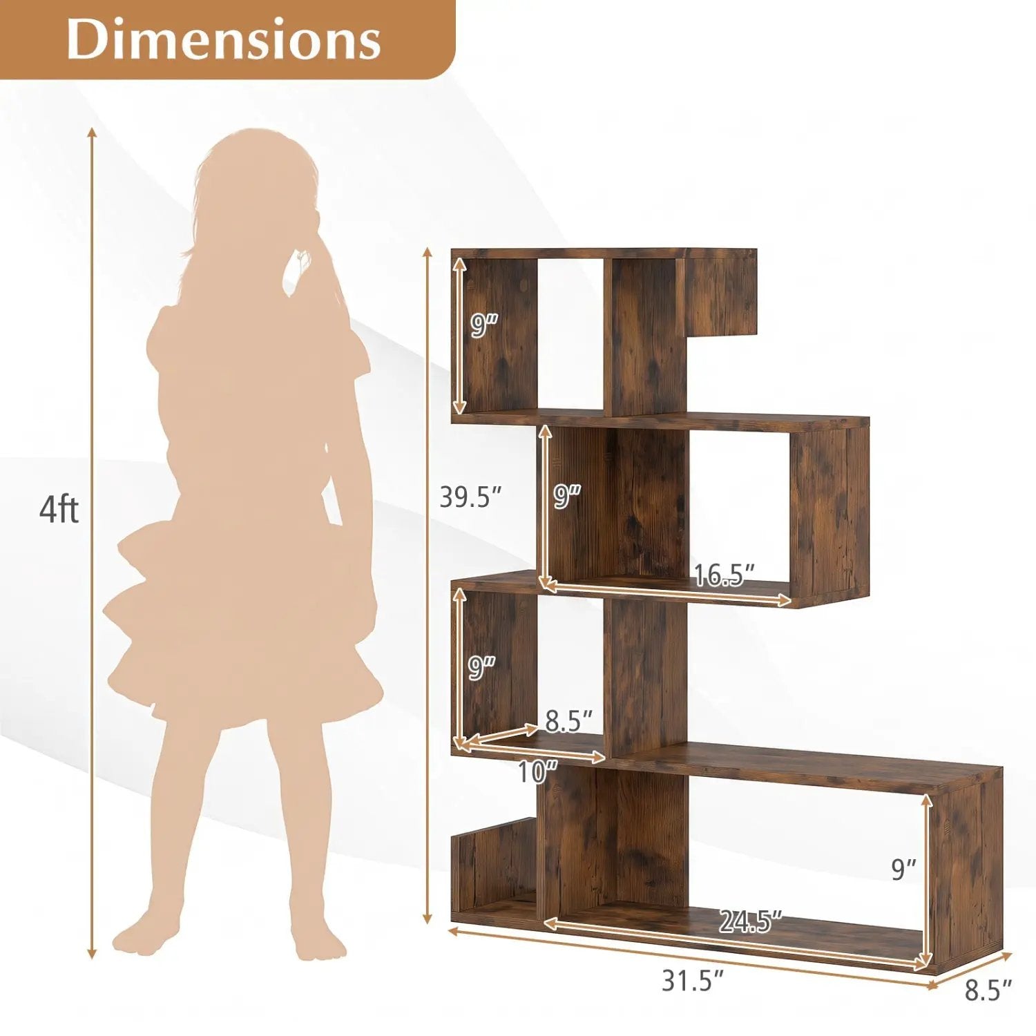 5-Tier S-Shaped Bookshelf with Open Cubes - Rustic Brown by DirectDeals