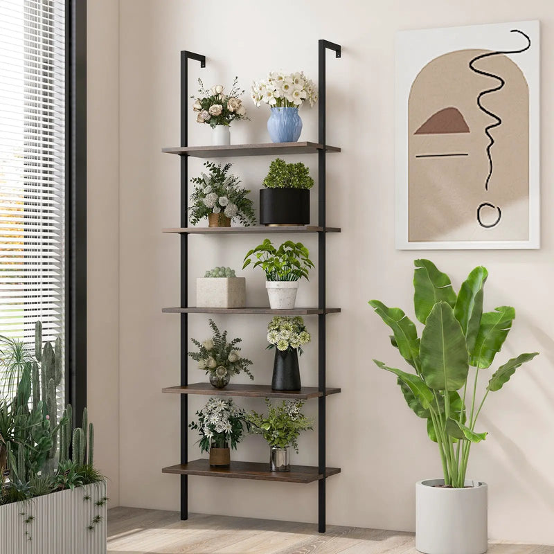 5 Tier Ladder Shelf Wall-Mounted Bookcase with Steel Frame-Brown by DirectDeals