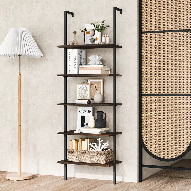 5 Tier Ladder Shelf Wall-Mounted Bookcase with Steel Frame-Brown by DirectDeals