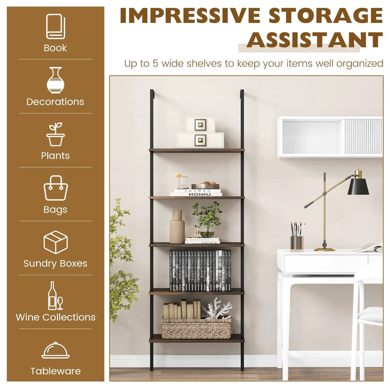 5 Tier Ladder Shelf Wall-Mounted Bookcase with Steel Frame-Brown by DirectDeals