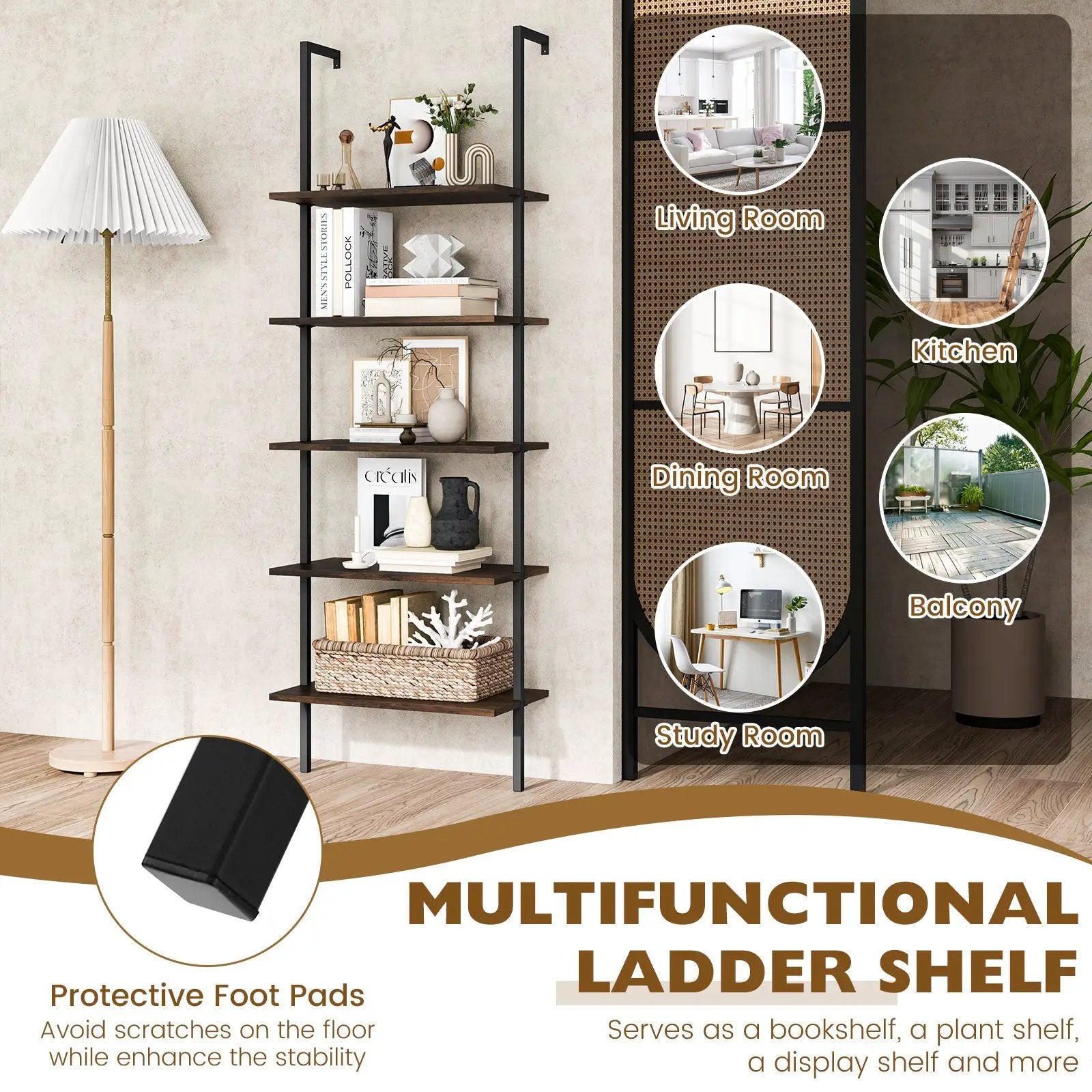 5 Tier Ladder Shelf Wall-Mounted Bookcase with Steel Frame-Brown by DirectDeals