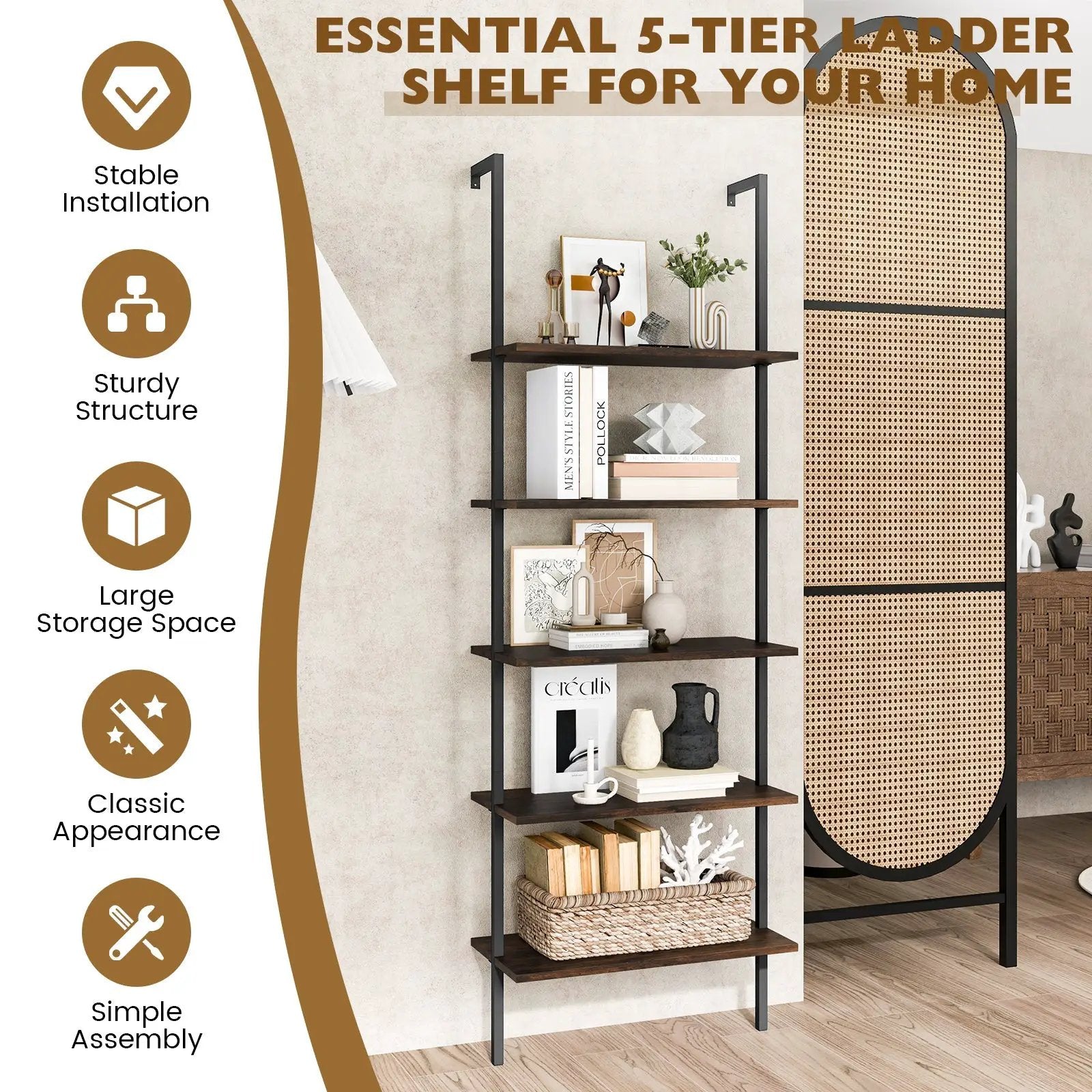 5 Tier Ladder Shelf Wall-Mounted Bookcase with Steel Frame-Brown by DirectDeals