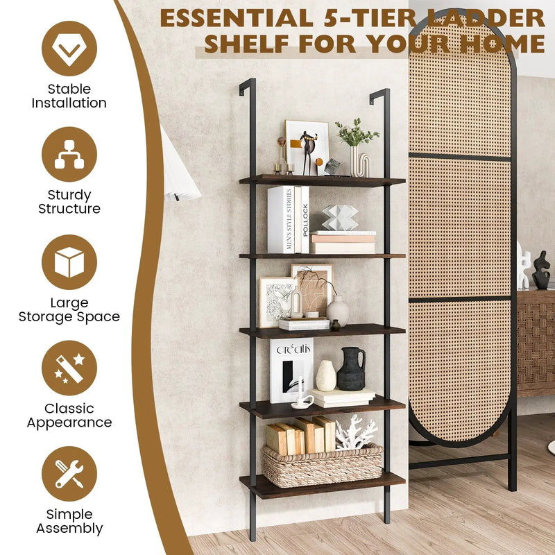 5 Tier Ladder Shelf Wall-Mounted Bookcase with Steel Frame-Brown by DirectDeals