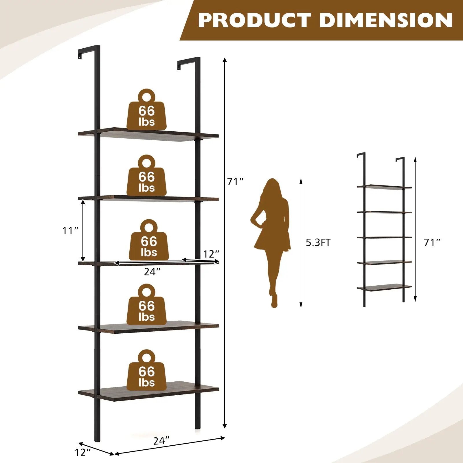 5 Tier Ladder Shelf Wall-Mounted Bookcase with Steel Frame-Brown by DirectDeals