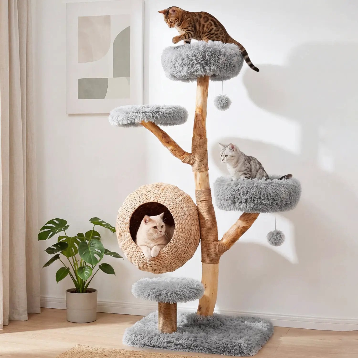 5-Tier Wooden Cat Tree with Woven Condo Plush Perches Jute Posts & Balls by DirectDeals