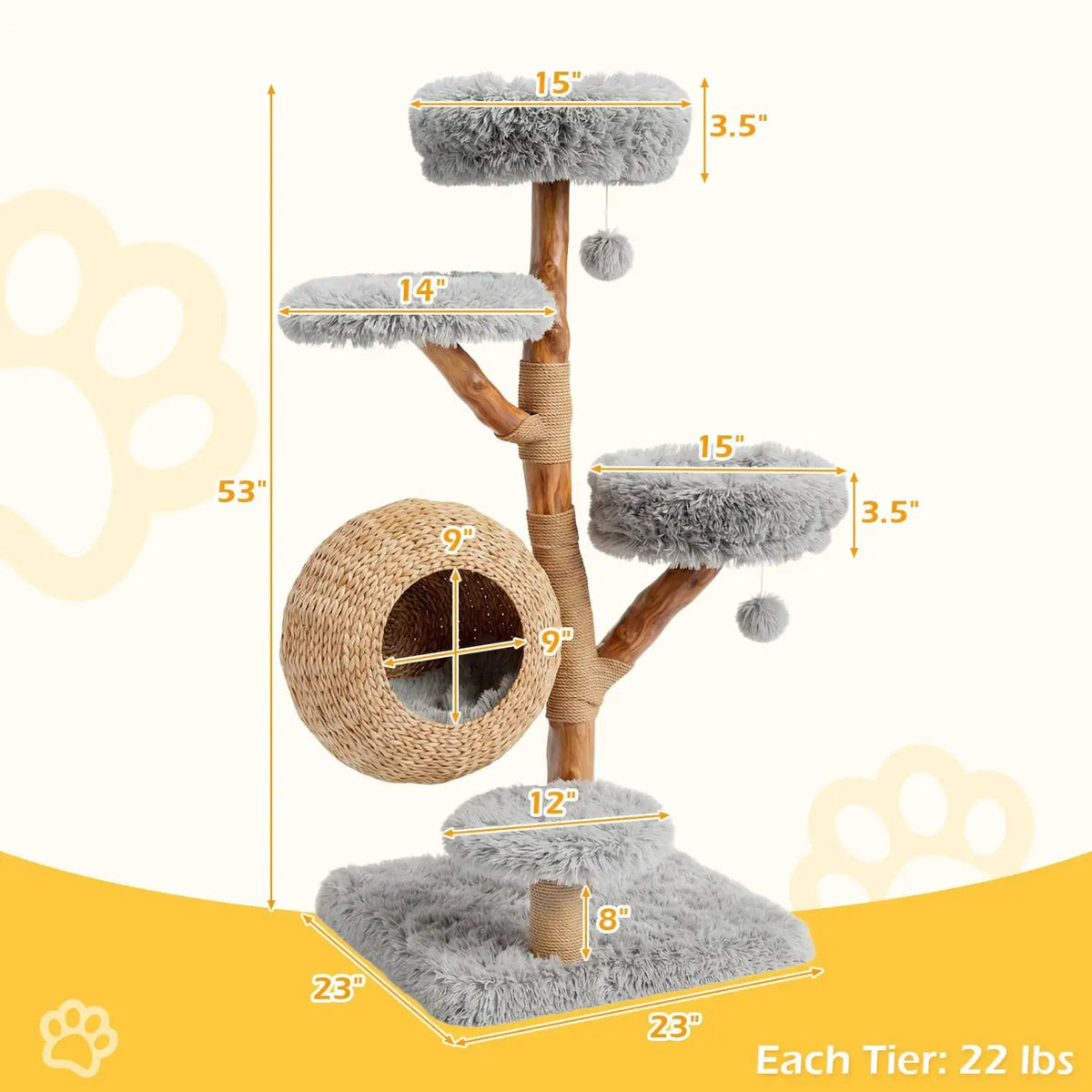 5-Tier Wooden Cat Tree with Woven Condo Plush Perches Jute Posts & Balls, photo 4 of 16