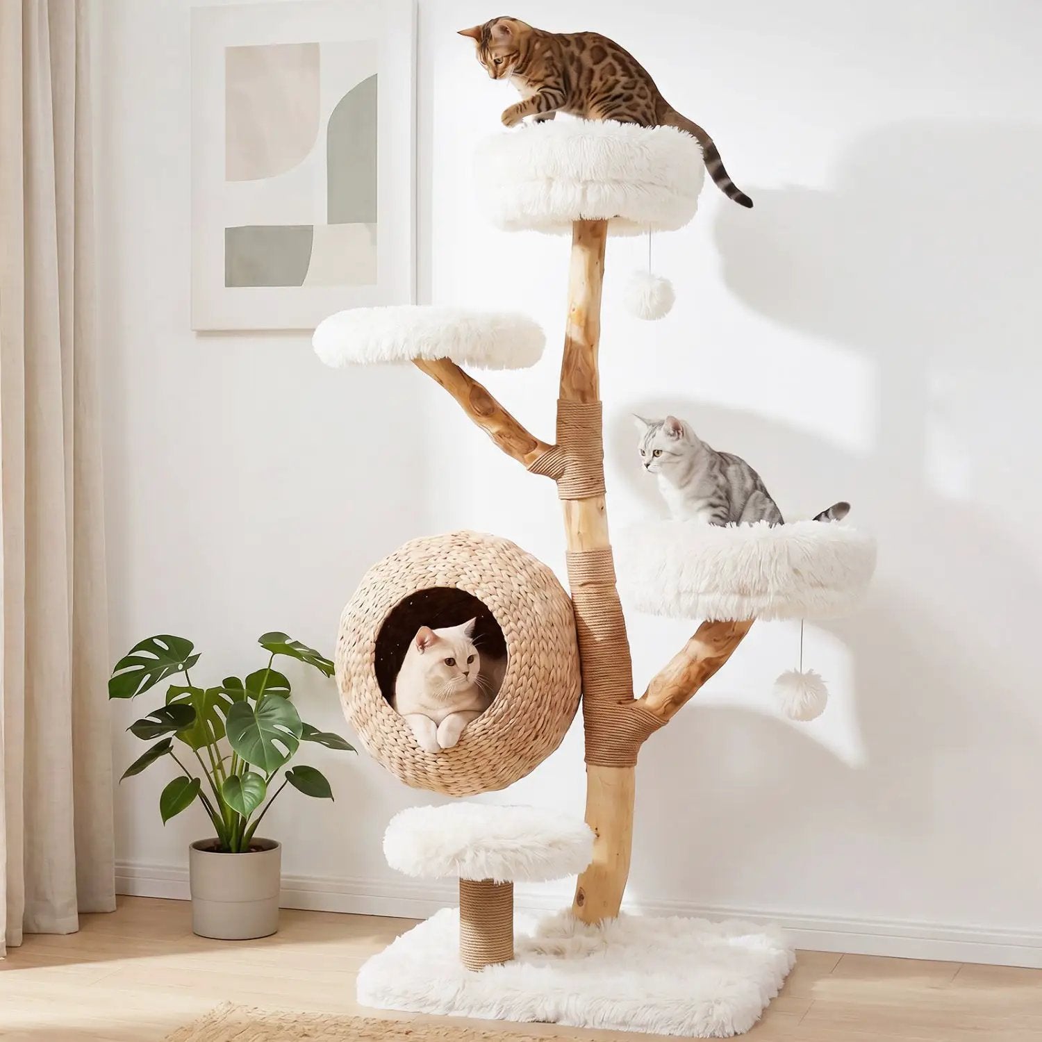 5-Tier Wooden Cat Tree with Woven Condo Plush Perches Jute Posts & Balls by DirectDeals