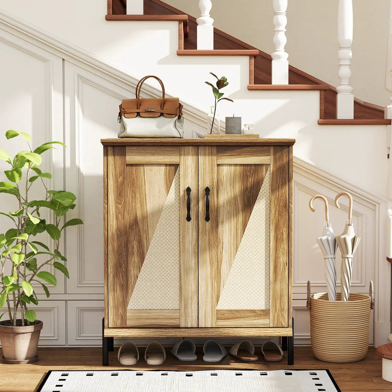 5-Tier Wooden Farmhouse Shoe Cabinet with Woven Rattan Doors by DirectDeals