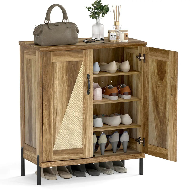 5-Tier Wooden Farmhouse Shoe Cabinet with Woven Rattan Doors by DirectDeals