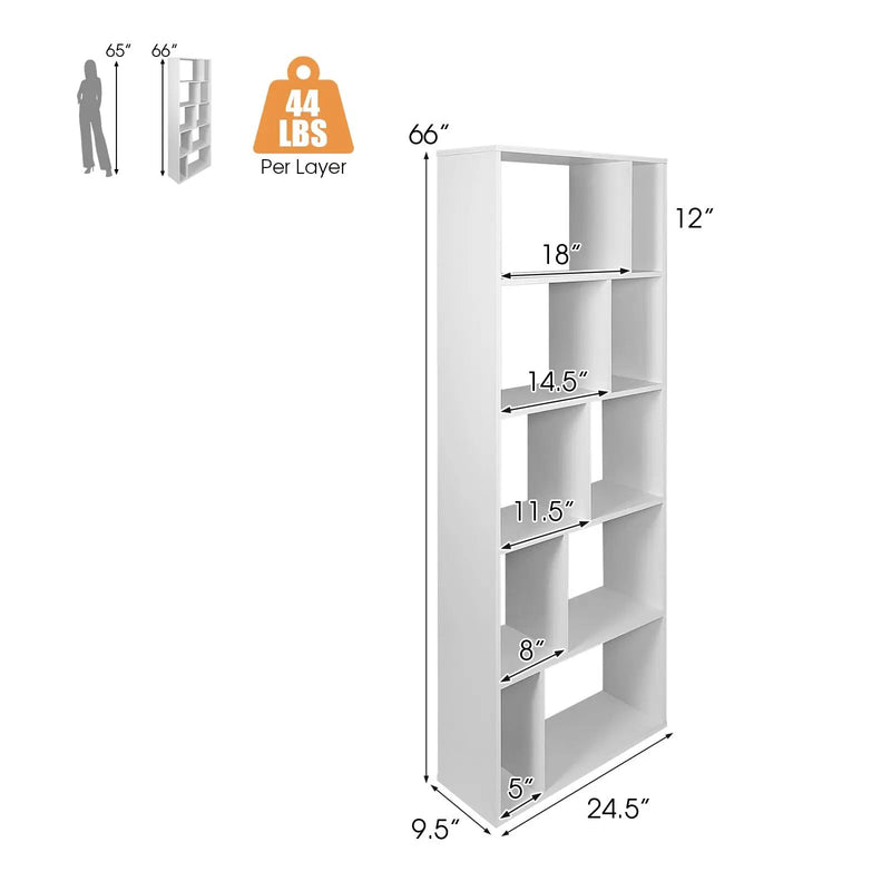 66 Inch Tall 5 Tiers Wood Bookshelf with 10 Open Compartments-White by DirectDeals