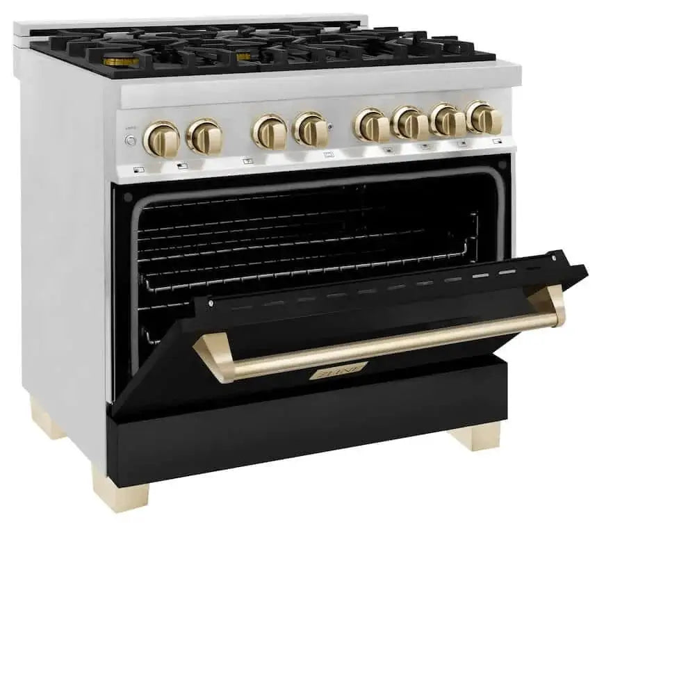 ZLINE 36" Autograph Dual Fuel Range, Black, Gold, RAZ-BLM-36-G by Farmhouse Kitchen and Bath